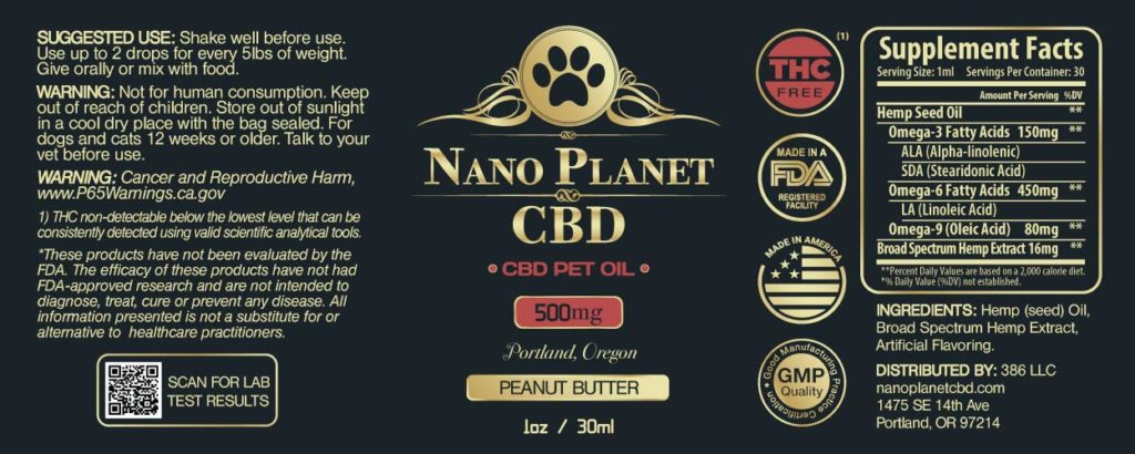 Pet CBD Oil Tincture 500mg /Peanut Butter Flavor